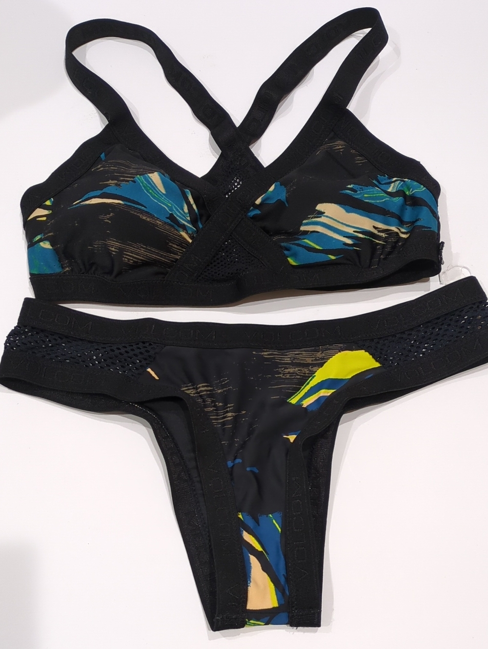 Volcom Black Bikini Set with Blue, Green and Yellow Abstract Print